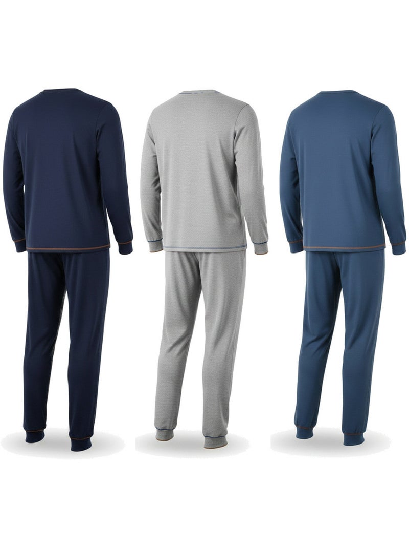 Pijama hombre largo pack de 3 ozabi, algodón forro polar, cuello abotonado Gris azul marino azul - Kiabi