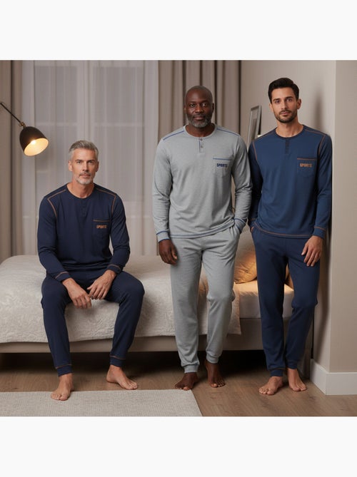 Pijama hombre largo pack de 3 ozabi, algodón forro polar, cuello abotonado - Kiabi