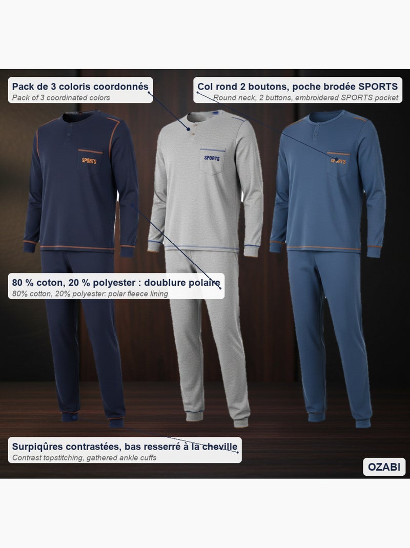 Pijama hombre largo pack de 3 ozabi, algodón forro polar, cuello abotonado Gris azul marino azul - Kiabi