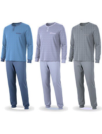 Pijama hombre largo pack de 3 ozabi, algodón forro polar, cuello abotonado