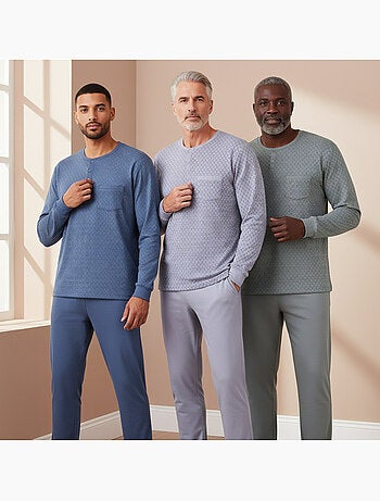 Pijama hombre largo pack de 3 ozabi, algodón forro polar, cuello abotonado