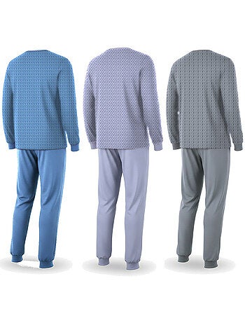 Pijama hombre largo pack de 3 ozabi, algodón forro polar, cuello abotonado