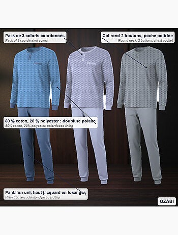 Pijama hombre largo pack de 3 ozabi, algodón forro polar, cuello abotonado