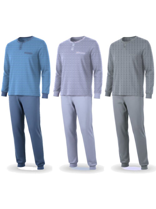 Pijama hombre largo pack de 3 ozabi, algodón forro polar, cuello abotonado - Kiabi