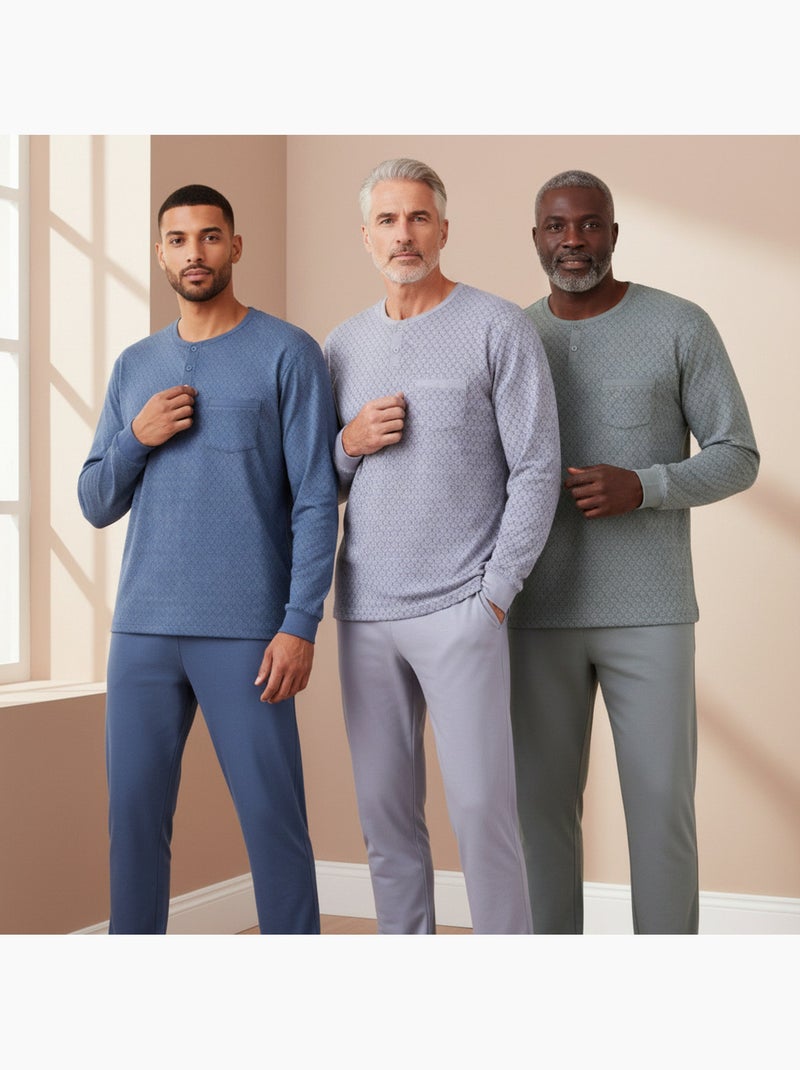 Pijama hombre largo pack de 3 ozabi, algodón forro polar, cuello abotonado Gris verde azul - Kiabi