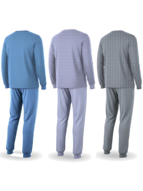 Pijama hombre largo pack de 3 ozabi, algodón forro polar, cuello abotonado - Kiabi