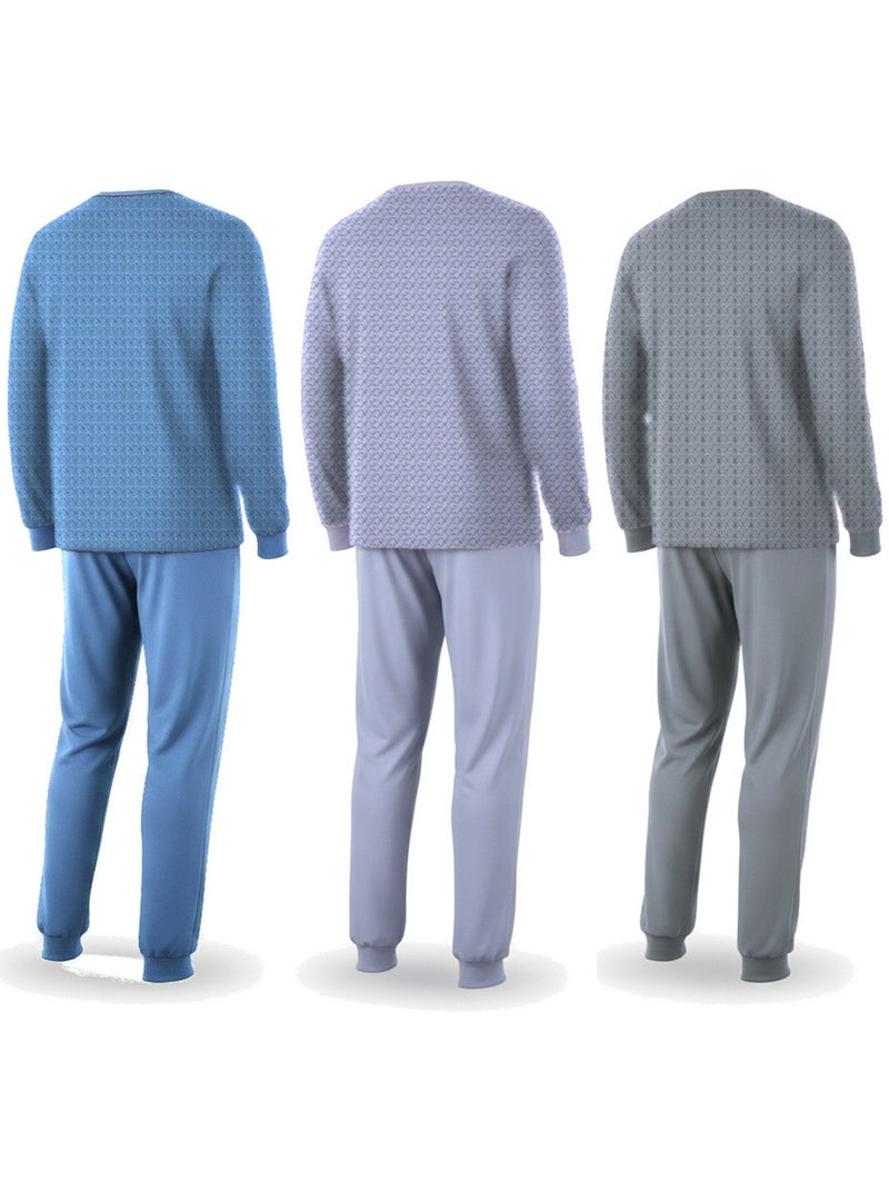 Pijama hombre largo pack de 3 ozabi, algodón forro polar, cuello abotonado Gris verde azul - Kiabi