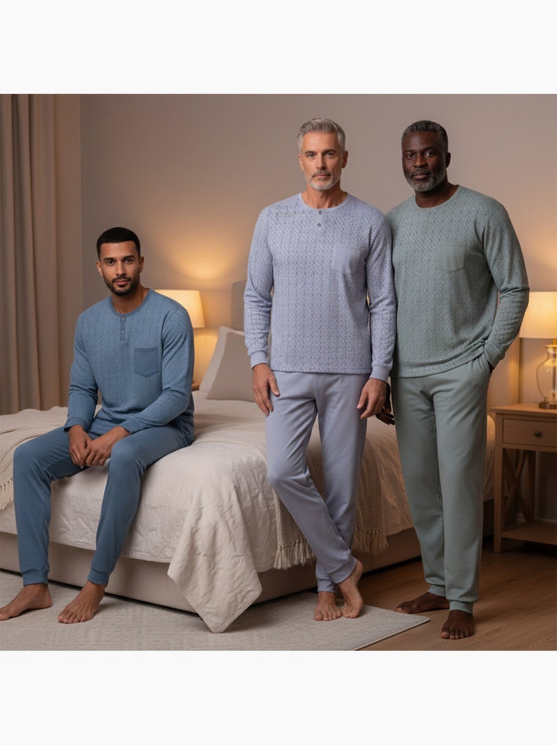 Pijama hombre largo pack de 3 ozabi, algodón forro polar, cuello abotonado Gris verde azul - Kiabi