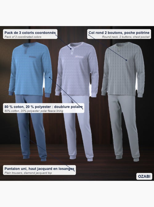 Pijama hombre largo pack de 3 ozabi, algodón forro polar, cuello abotonado - Kiabi