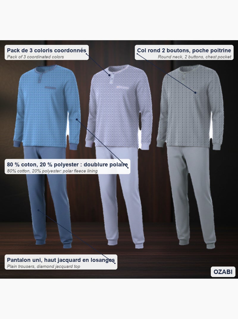 Pijama hombre largo pack de 3 ozabi, algodón forro polar, cuello abotonado Gris verde azul - Kiabi