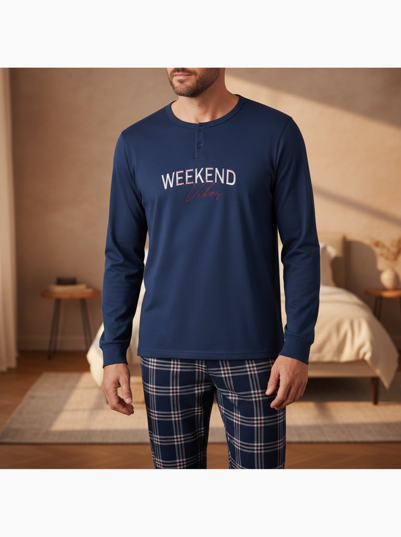 Pijama hombre ozabi polar bordado weekend vibes Azul marino - Kiabi