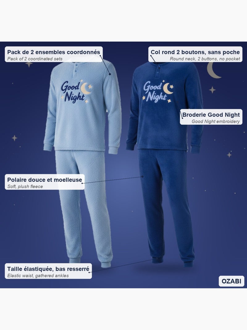 Pijama hombre pack de 2 ozabi, polar suave y esponjoso, bordado Azul Azul cielo - Kiabi