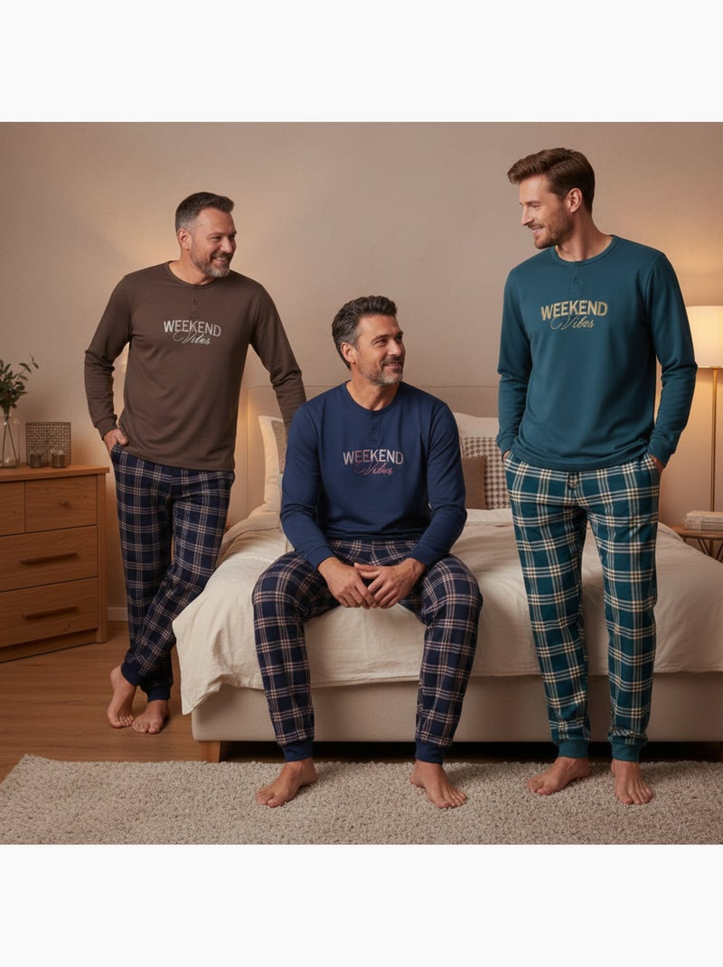 Pijama hombre polar forrado ozabi pack 3 colores surtidos Azul Marrón - Kiabi