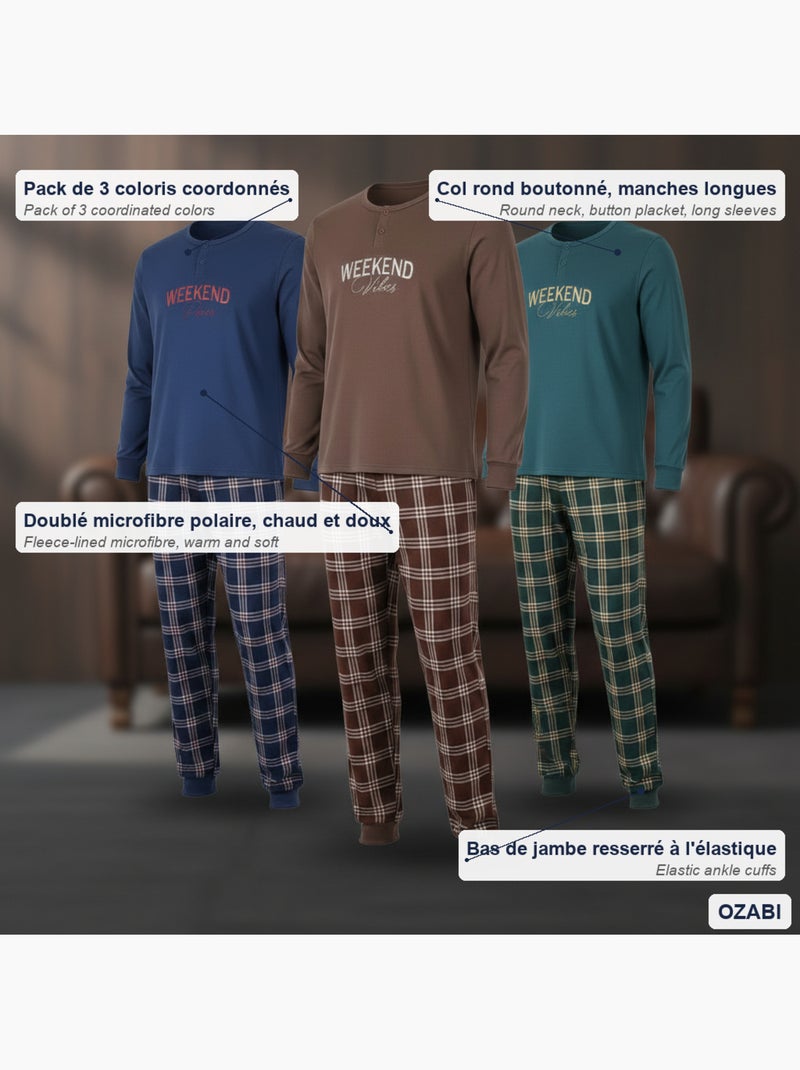 Pijama hombre polar forrado ozabi pack 3 colores surtidos Azul Marrón - Kiabi