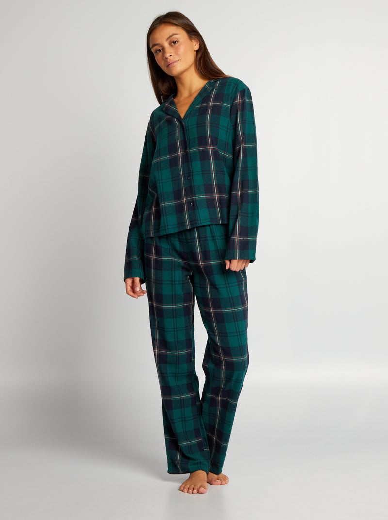 Pijama largo - estampado de cuadros - 2 piezas VERDE - Kiabi
