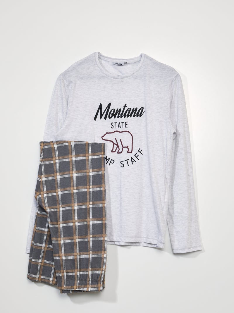 Pijama largo - inscripción Montana y cuadros - 2 piezas GRIS - Kiabi