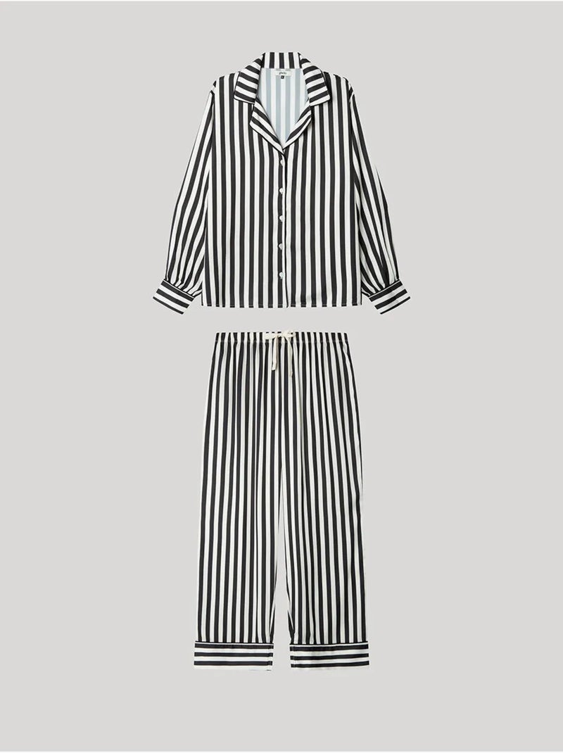 Pijama largo camisero de rayas en tejido de satén Multicolor - Kiabi