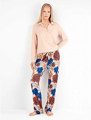 Pijama largo camisero estampado floral en tejido de punto