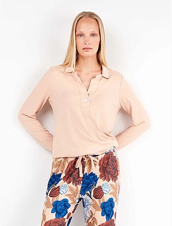 Pijama largo camisero estampado floral en tejido de punto