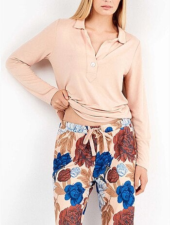 Pijama largo camisero estampado floral en tejido de punto