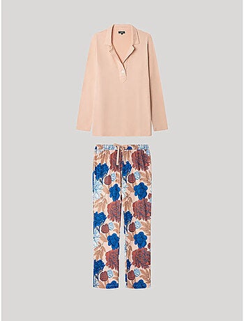 Pijama largo camisero estampado floral en tejido de punto
