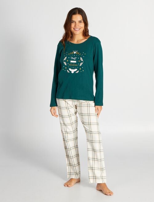 Pijama largo camiseta + pantalón de franela - 2 piezas - Kiabi