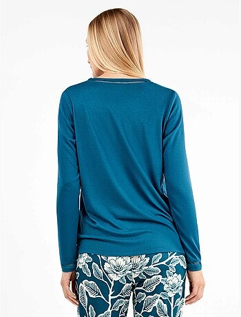 Pijama largo con camiseta lisa y pantalón floral de punto