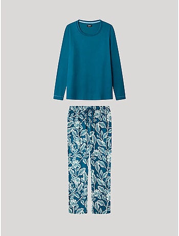 Pijama largo con camiseta lisa y pantalón floral de punto