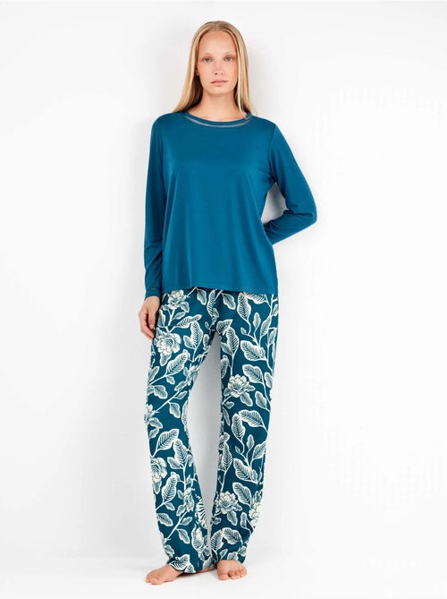 Pijama largo con camiseta lisa y pantalón floral de punto - Kiabi Pijama largo con camiseta lisa y pantalón floral de punto - Kiabi