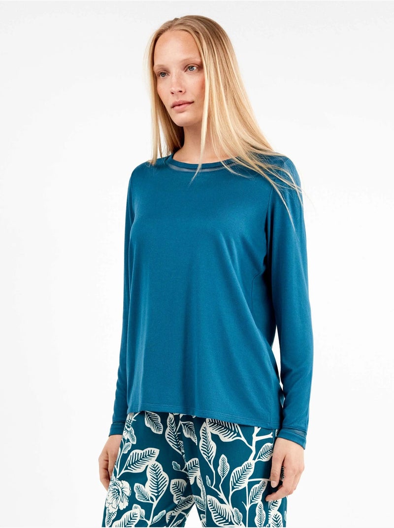 Pijama largo con camiseta lisa y pantalón floral de punto Azul petróleo - Kiabi