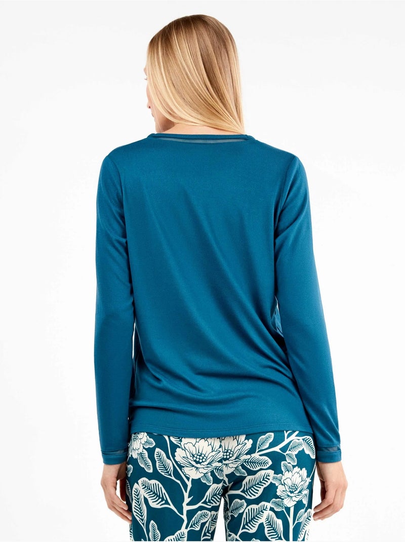 Pijama largo con camiseta lisa y pantalón floral de punto Azul petróleo - Kiabi