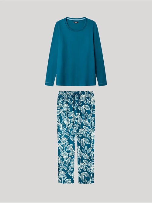 Pijama largo con camiseta lisa y pantalón floral de punto - Kiabi Pijama largo con camiseta lisa y pantalón floral de punto - Kiabi