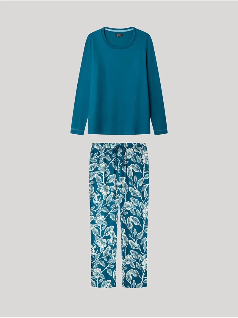 Pijama largo con camiseta lisa y pantalón floral de punto Azul petróleo - Kiabi