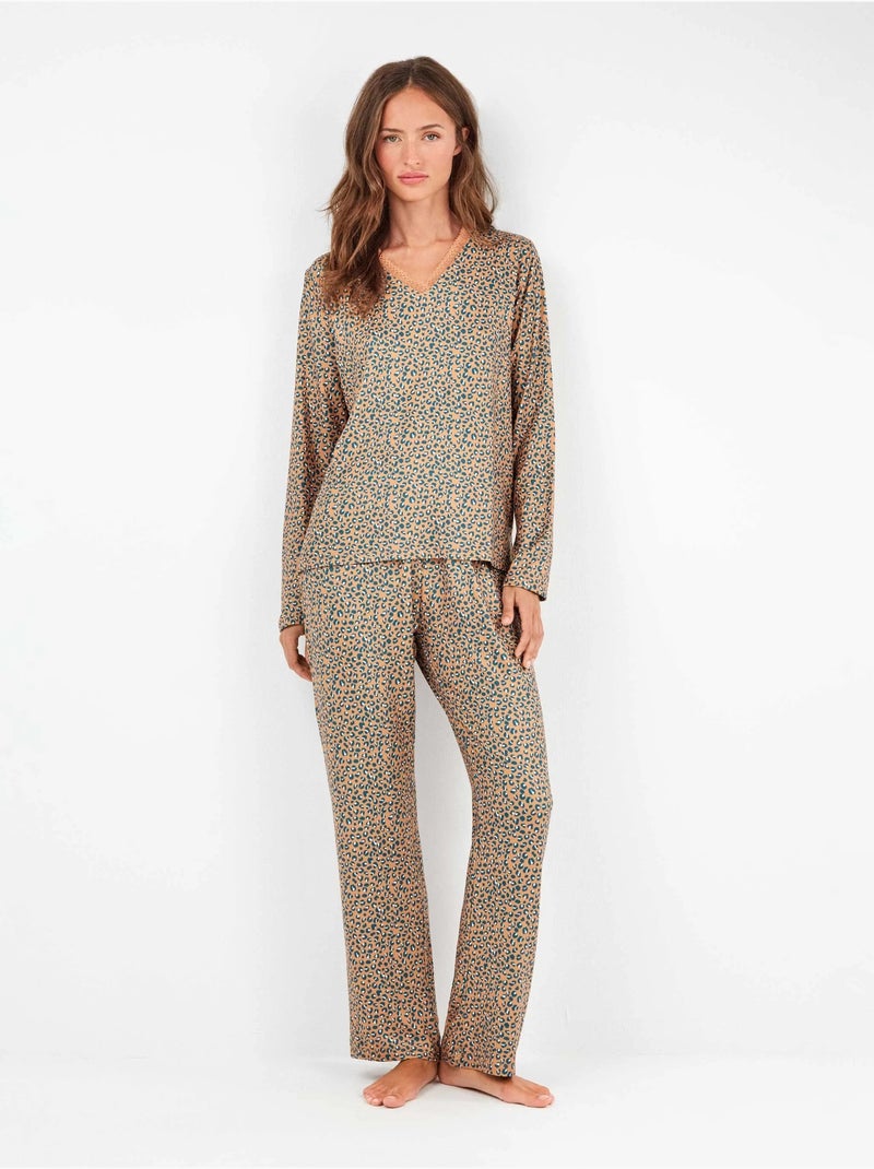 Pijama largo con encaje en escote y animal print de punto Multicolor - Kiabi