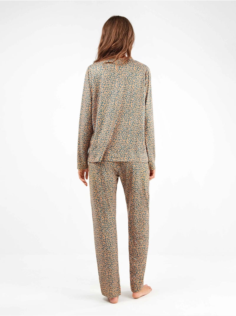 Pijama largo con encaje en escote y animal print de punto Multicolor - Kiabi