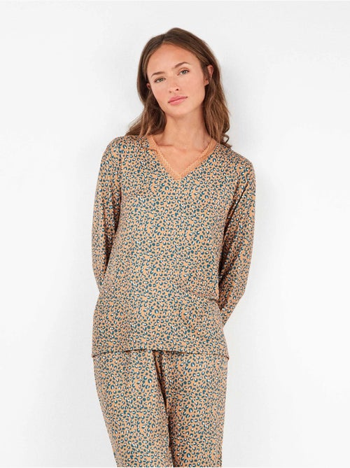 Pijama largo con encaje en escote y animal print de punto - Kiabi Pijama largo con encaje en escote y animal print de punto - Kiabi