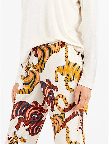 Pijama largo con encaje en hombros y pantalón animal print algodón
