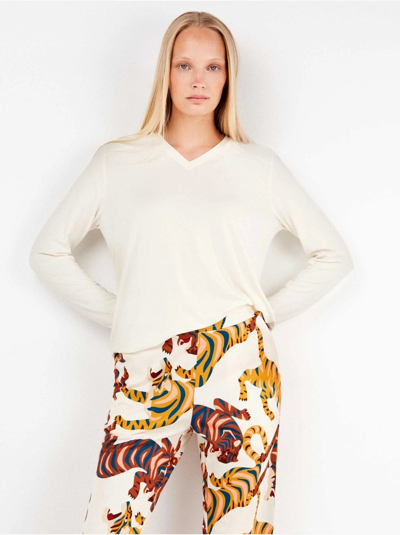 Pijama largo con encaje en hombros y pantalón animal print algodón Crudo - Kiabi