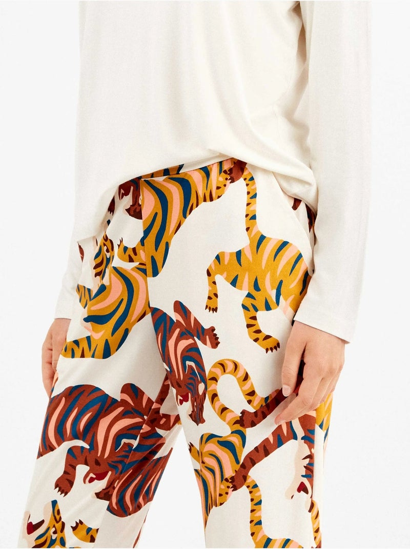 Pijama largo con encaje en hombros y pantalón animal print algodón Crudo - Kiabi