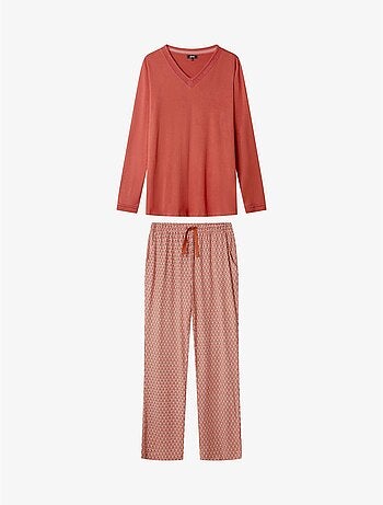 Pijama largo con escote pico con tul y pantalón microgeométrico