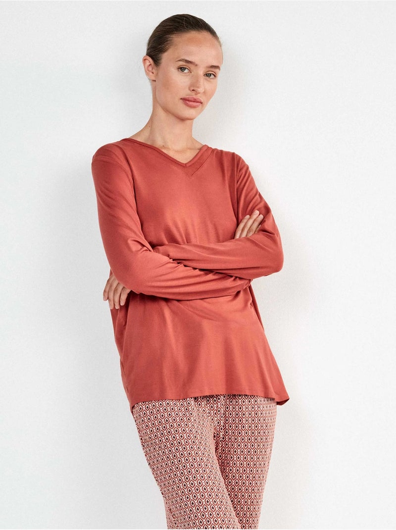 Pijama largo con escote pico con tul y pantalón microgeométrico Terracota - Kiabi
