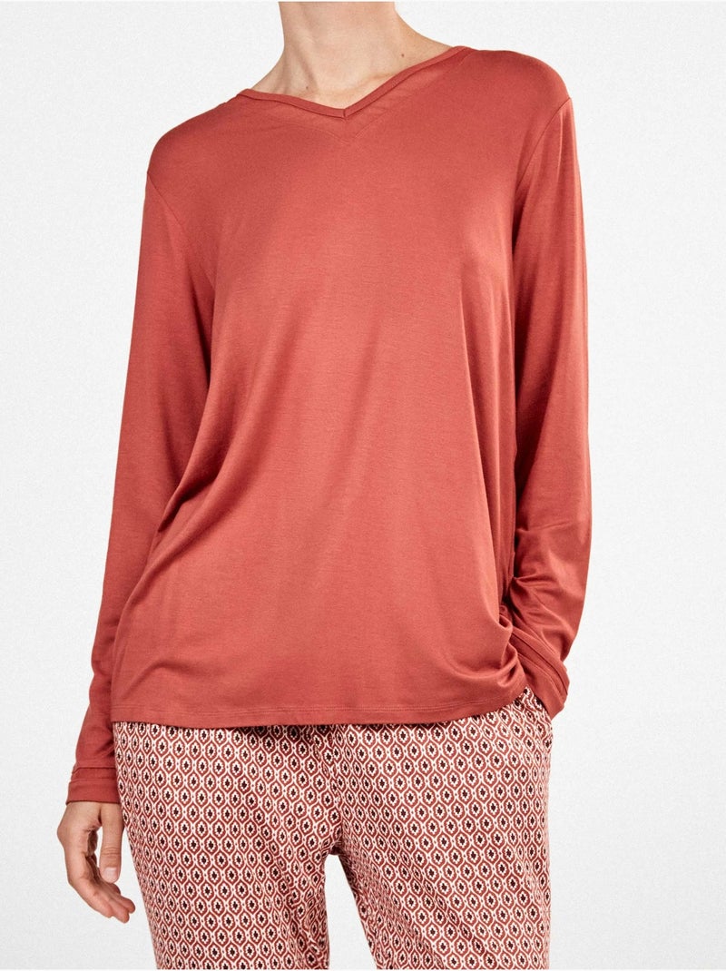 Pijama largo con escote pico con tul y pantalón microgeométrico Terracota - Kiabi