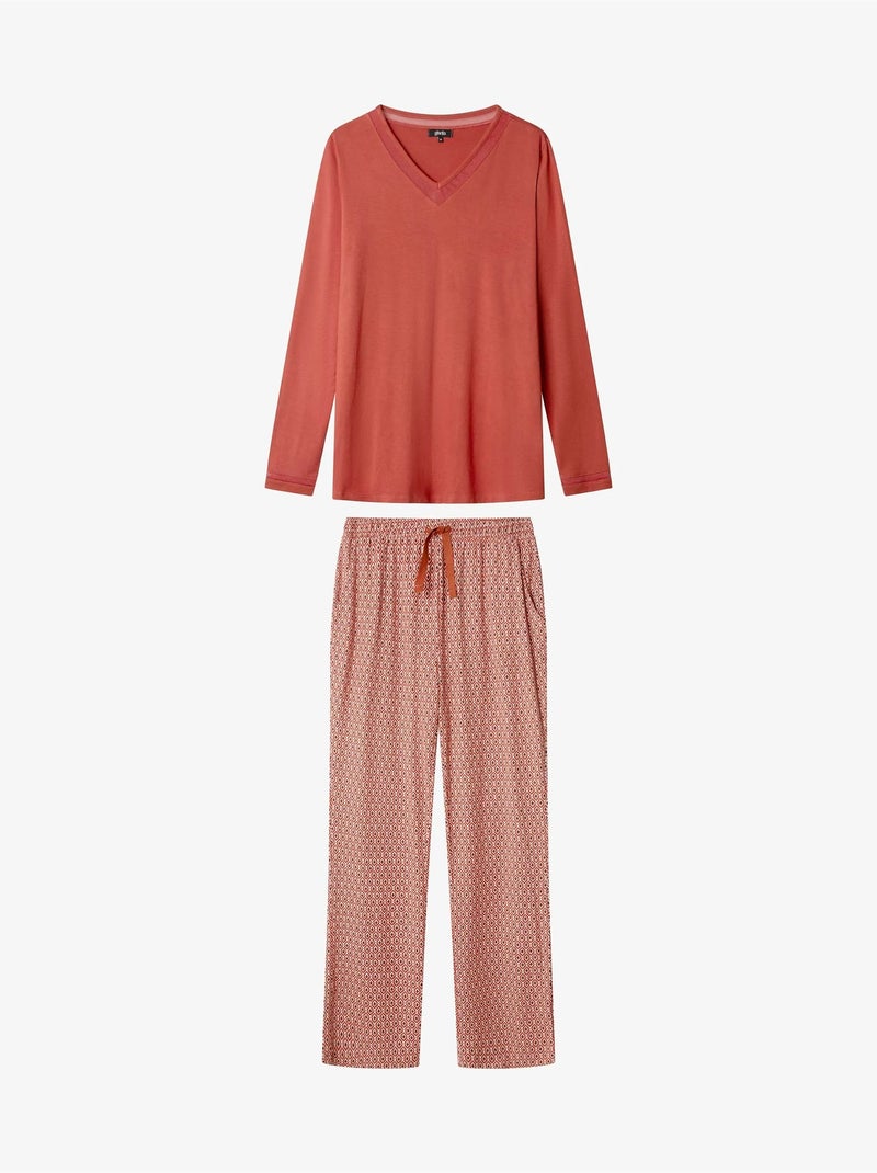 Pijama largo con escote pico con tul y pantalón microgeométrico Terracota - Kiabi