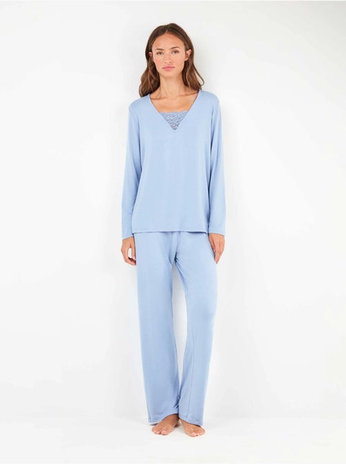 Pijama largo con escote pico y detalle de galón en tejido suave - Kiabi