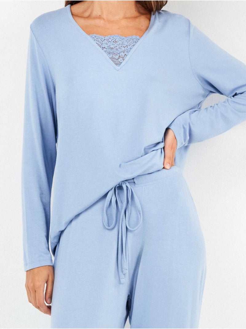 Pijama largo con escote pico y detalle de galón en tejido suave Celeste - Kiabi