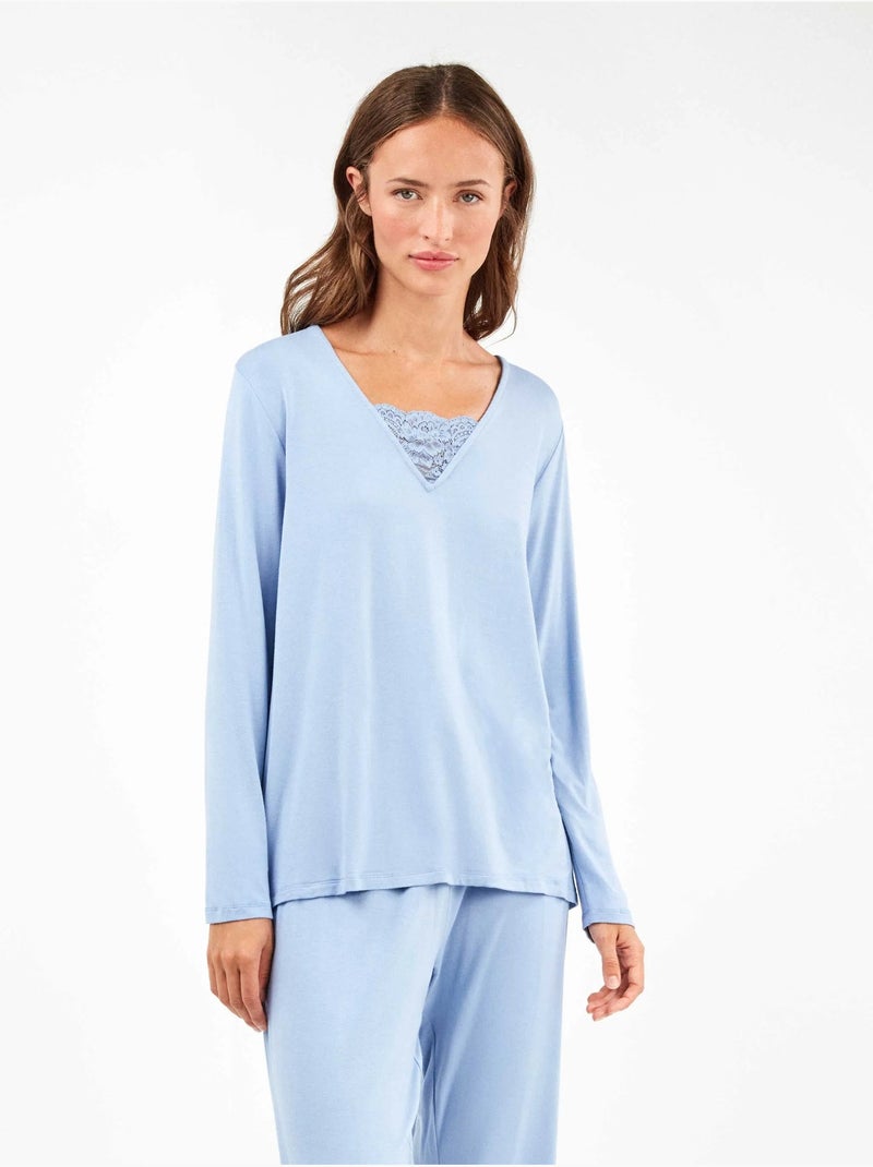 Pijama largo con escote pico y detalle de galón en tejido suave Celeste - Kiabi