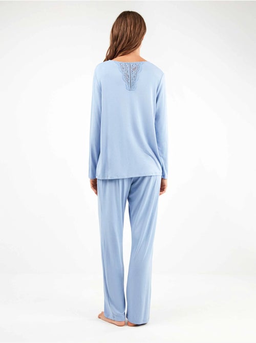 Pijama largo con escote pico y detalle de galón en tejido suave - Kiabi