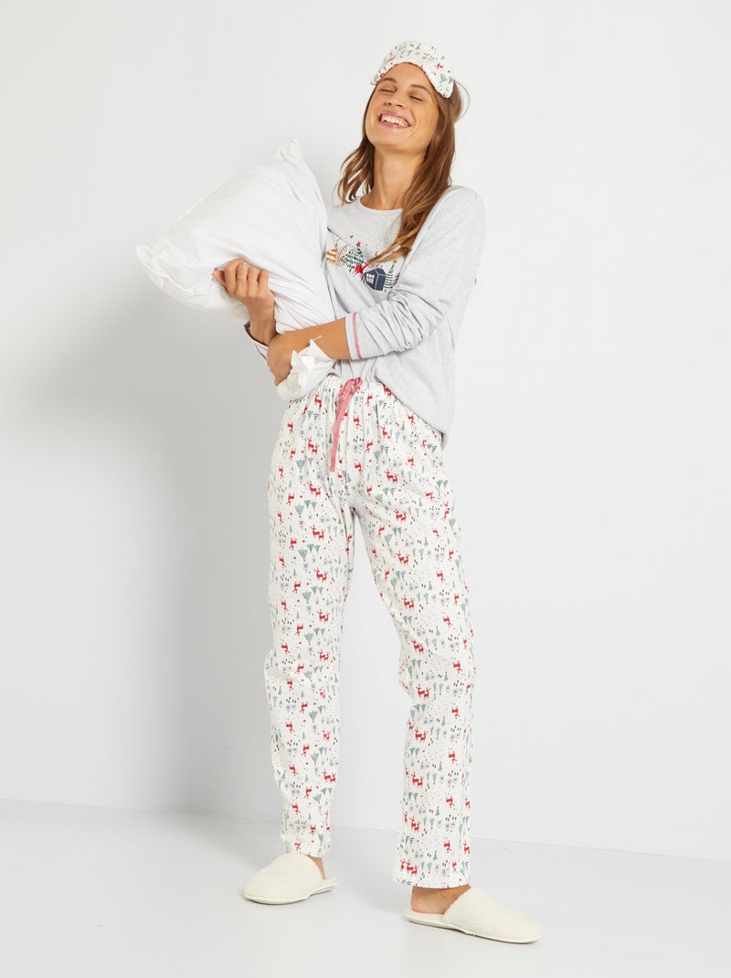 Pijama largo con estampado de 'Navidad' de 2 piezas + antifaz crudo estampado - Kiabi