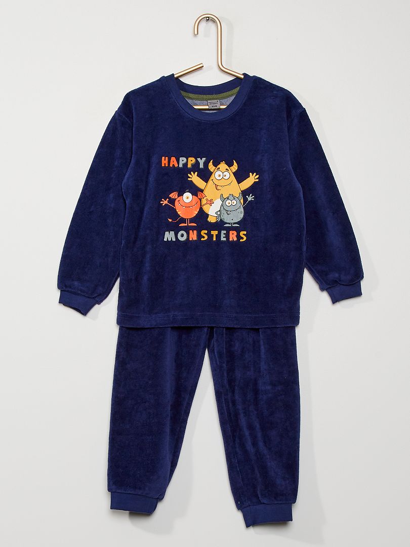 Pijama largo de 2 piezas de terciopelo 'monstruos' azul marino - Kiabi