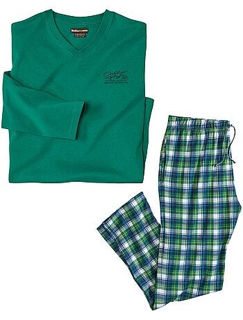 Pijama largo de algodón a cuadros con cuello en v